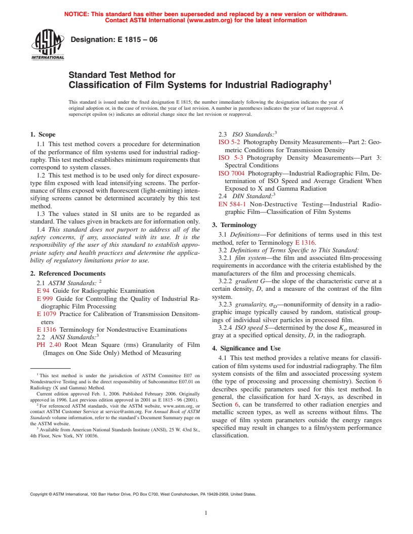 ASTM E1815-06 - Standard Test Method for Classification of Film Systems for Industrial Radiography