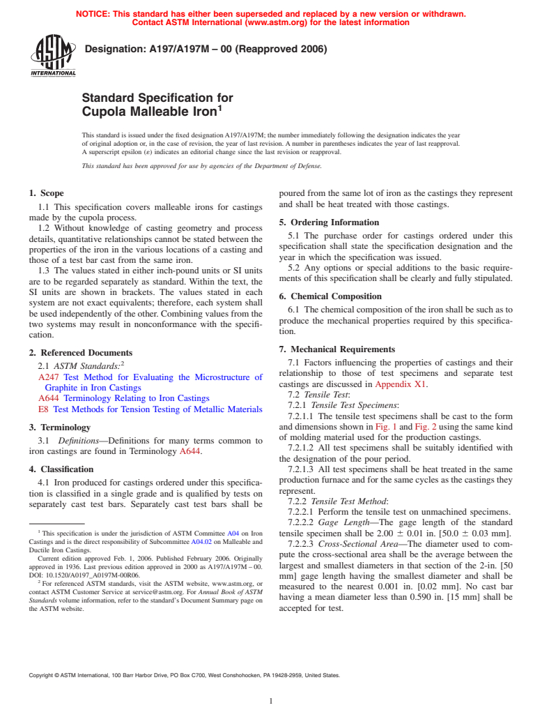 ASTM A197/A197M-00(2006) - Standard Specification for Cupola Malleable Iron