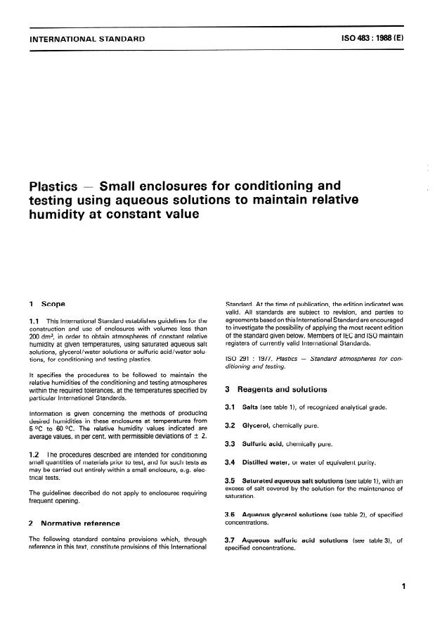 ISO 483:1988 - Plastics -- Small enclosures for conditioning and testing using aqueous solutions to maintain relative humidity at constant value