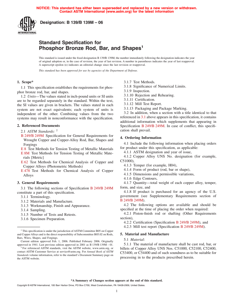 ASTM B139/B139M-06 - Standard Specification for Phosphor Bronze Rod, Bar, and Shapes