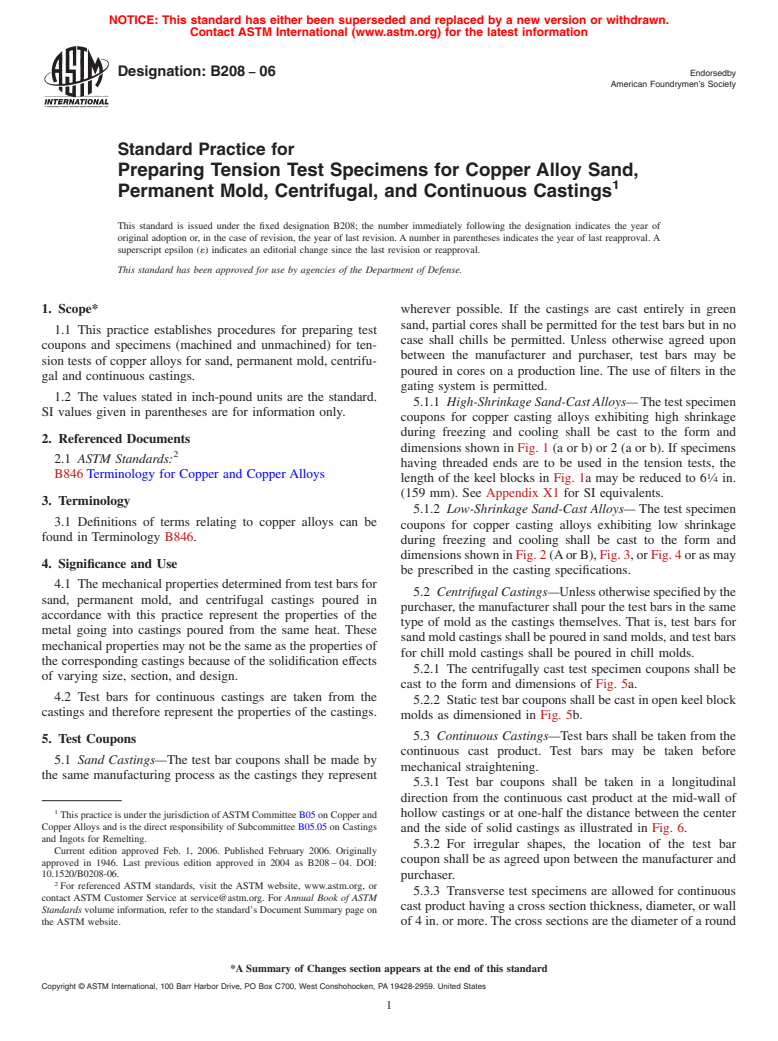 ASTM B208-06 - Standard Practice for Preparing Tension Test Specimens for Copper Alloy Sand, Permanent Mold, Centrifugal, and Continuous Castings