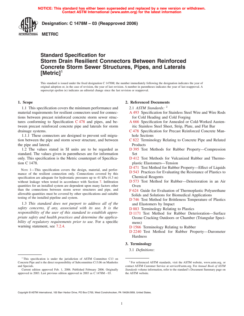 ASTM C1478M-03(2006) - Standard Specification for Storm Drain Resilient Connectors Between Reinforced Concrete Storm Sewer Structures, Pipes, and Laterals (Metric)