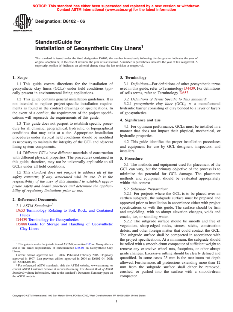 ASTM D6102-06 - Standard Guide for Installation of Geosynthetic Clay Liners