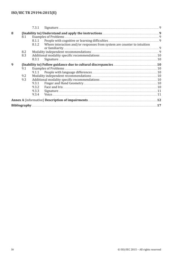 ISO/IEC TR 29194:2015 - Information Technology -- Biometrics -- Guide on designing accessible and inclusive biometric systems - Page 4 preview