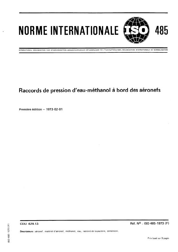 ISO 485:1973 - Raccords de pression d'eau-méthanol a bord des aéronefs