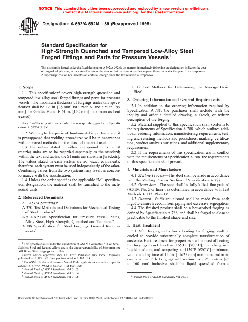 ASTM A592/A592M-89(1999) - Standard Specification for High-Strength Quenched and Tempered Low-Alloy Steel Forged Fittings and Parts for Pressure Vessels