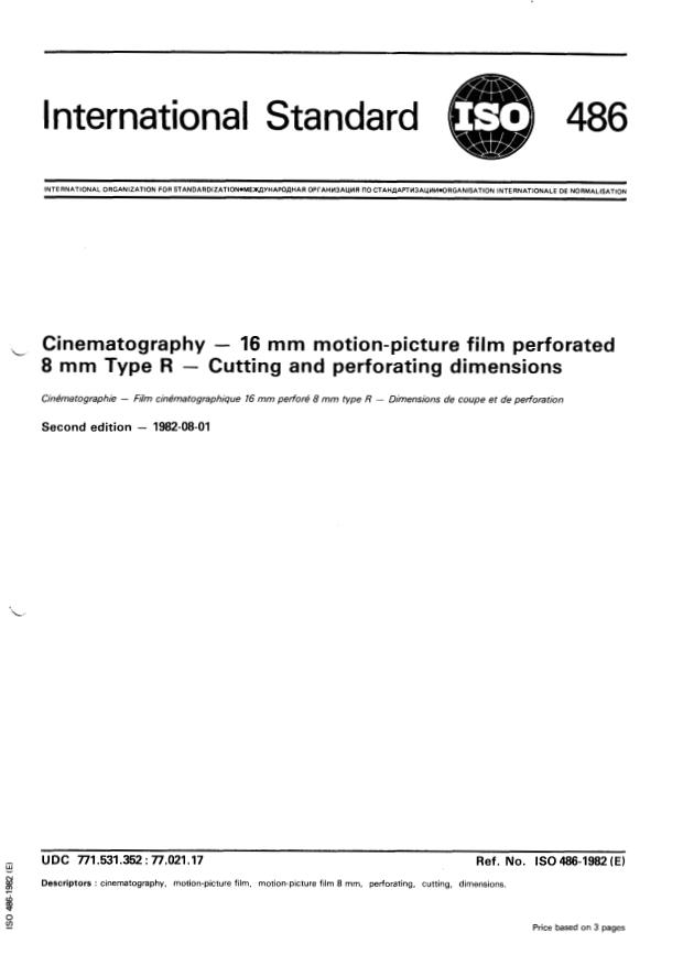 ISO 486:1982 - Cinematography -- 16 mm motion-picture film perforated 8 mm Type R -- Cutting and perforating dimensions