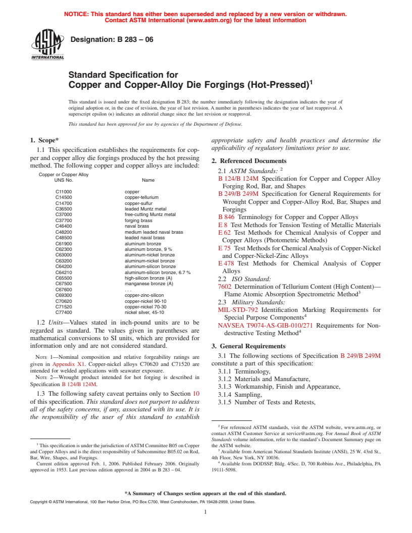 ASTM B283-06 - Standard Specification for Copper and Copper-Alloy Die Forgings (Hot-Pressed)