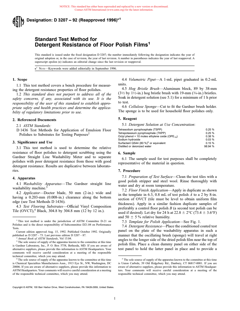 ASTM D3207-92(1996)e1 - Standard Test Method for Detergent Resistance of Floor Polish Films