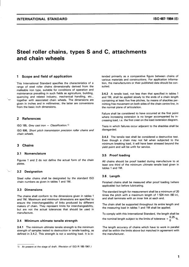ISO 487:1984 - Steel roller chains, types S and C, attachments and chain wheels