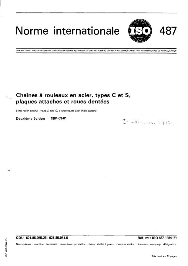 ISO 487:1984 - Chaînes a rouleaux en acier, types C et S, plaques-attaches et roues dentées