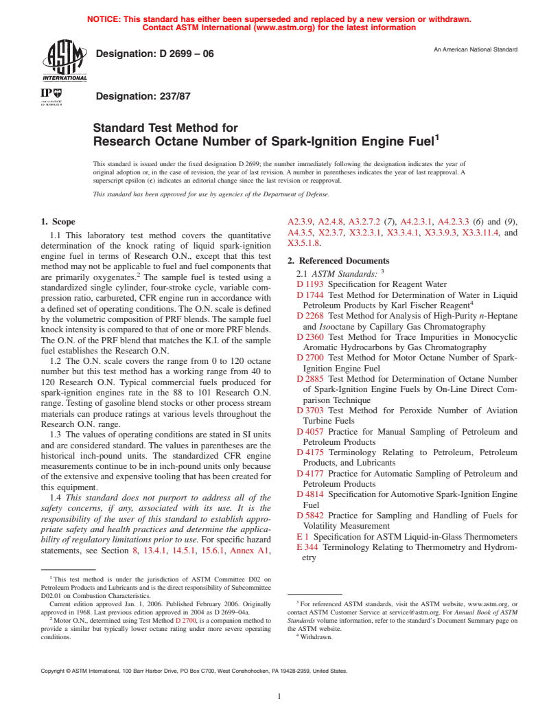 ASTM D2699-06 - Standard Test Method for Research Octane Number of Spark-Ignition Engine Fuel