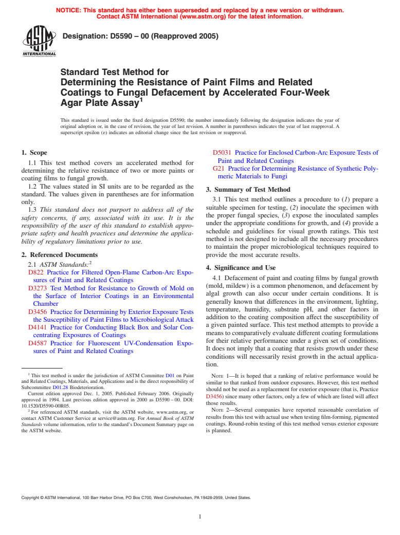 ASTM D5590-00(2005) - Standard Test Method for Determining the Resistance of Paint Films and Related Coatings to Fungal Defacement by Accelerated Four-Week Agar Plate Assay