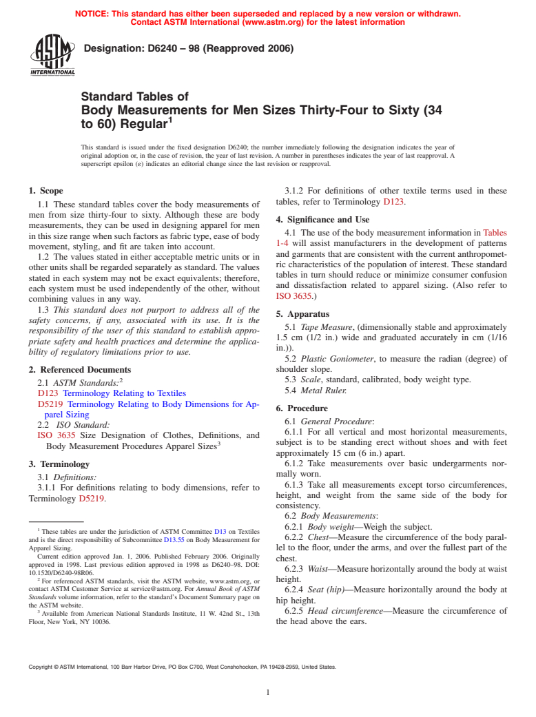 ASTM D6240-98(2006) - Standard Tables of Body Measurements for Men Sizes Thirty-Four to Sixty (34 to 60) Regular