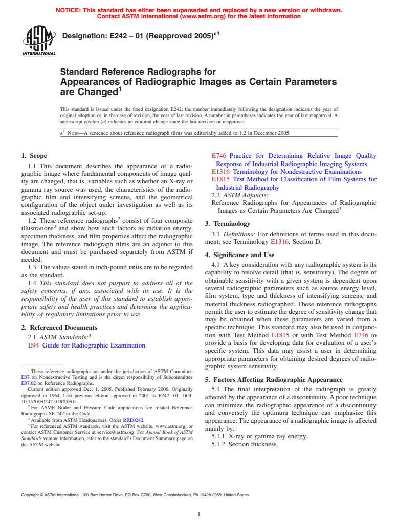 ASTM E242-01(2005)e1 - Standard Reference Radiographs for Appearances of Radiographic Images as Certain Parameters Are Changed