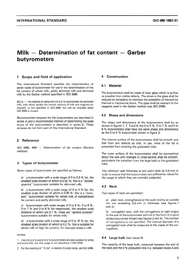 ISO 488:1983 - Milk -- Determination of fat content -- Gerber butyrometers