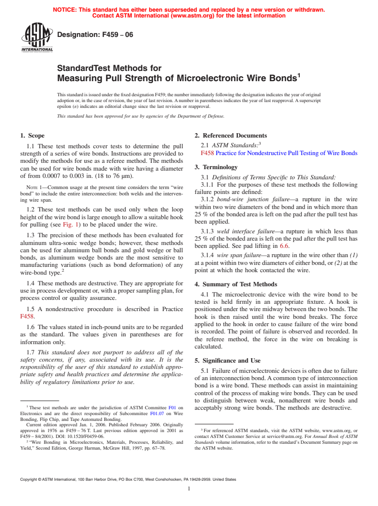 ASTM F459-06 - Standard Test Methods for Measuring Pull Strength of Microelectronic Wire Bonds