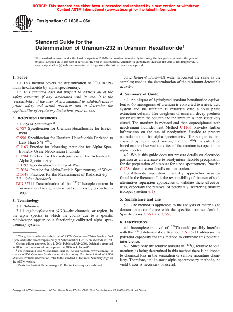 ASTM C1636-06 - Standard Guide for the Determination of Uranium-232 in Uranium Hexafluoride