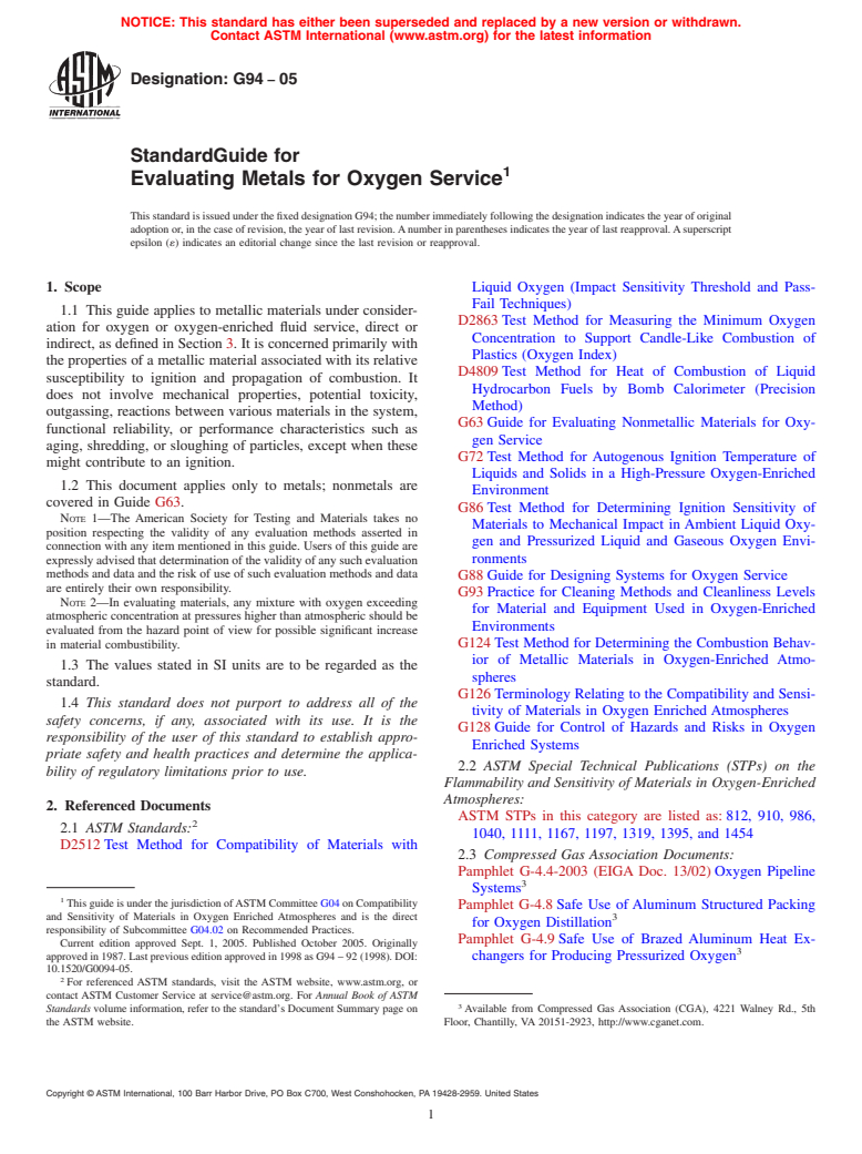 ASTM G94-05 - Standard Guide for Evaluating Metals for Oxygen Service