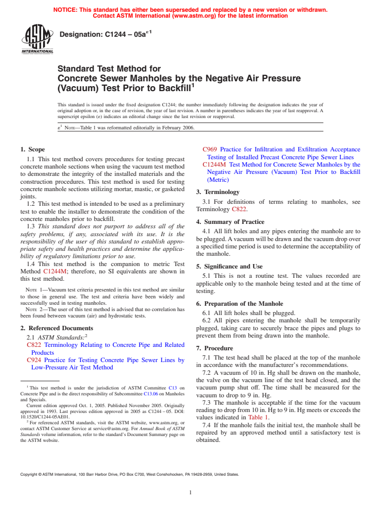 ASTM C1244-05ae1 - Standard Test Method for Concrete Sewer Manholes by the Negative Air Pressure (Vacuum) Test Prior to Backfill