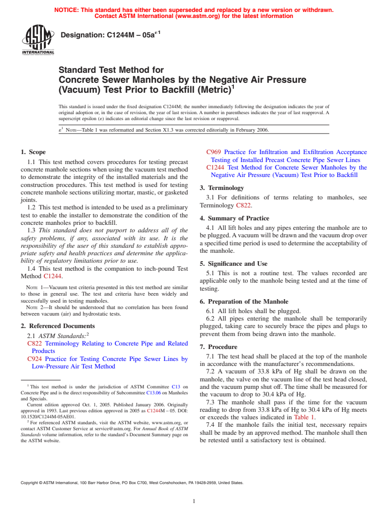 ASTM C1244M-05ae1 - Standard Test Method for Concrete Sewer Manholes by the Negative Air Pressure (Vacuum) Test Prior to Backfill (Metric)