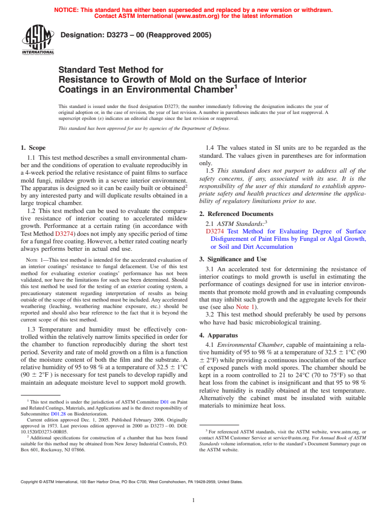 ASTM D3273-00(2005) - Standard Test Method for Resistance to Growth of Mold on the Surface of Interior Coatings in an Environmental Chamber