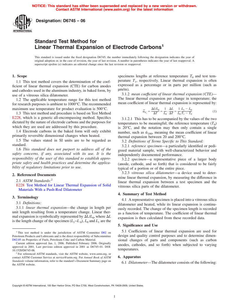 ASTM D6745-06 - Standard Test Method for Linear Thermal Expansion of Electrode Carbons