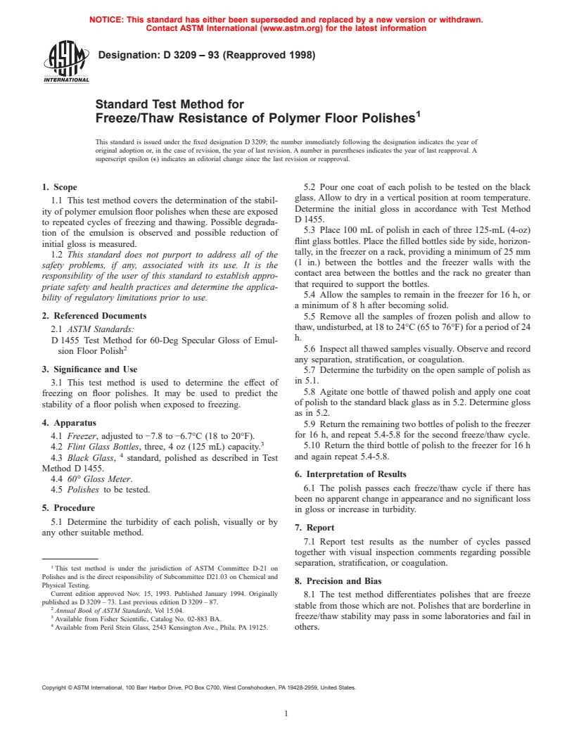 ASTM D3209-93(1998) - Standard Test Method for Freeze/Thaw Resistance of Polymer Floor Polishes