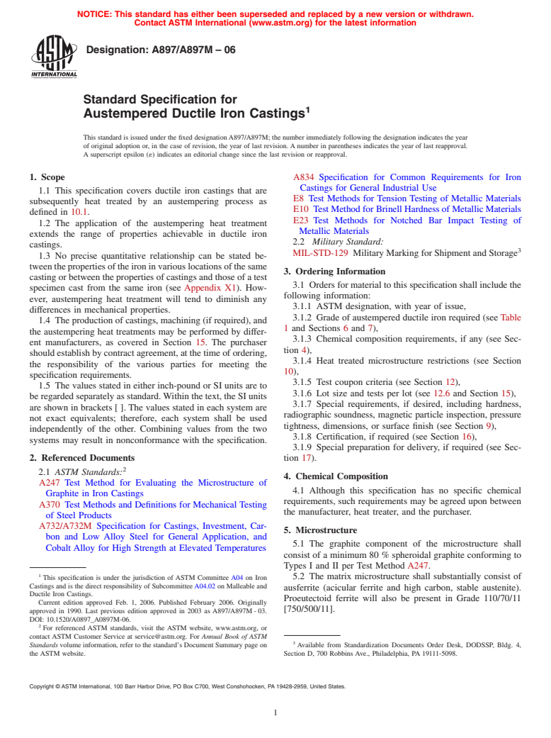 ASTM A897/A897M-06 - Standard Specification for Austempered Ductile Iron Castings