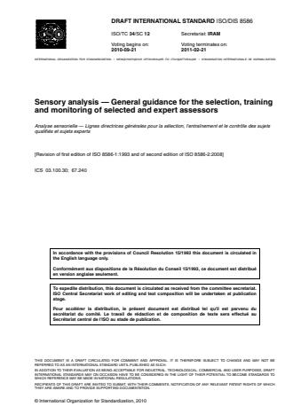 ISO 8586:2012 - Sensory analysis -- General guidelines for the selection, training and monitoring of selected assessors and expert sensory assessors