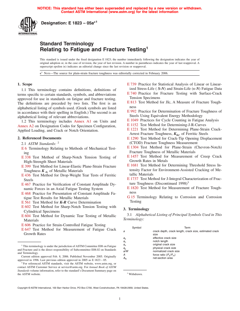 ASTM E1823-05ae1 - Standard Terminology Relating to Fatigue and Fracture Testing