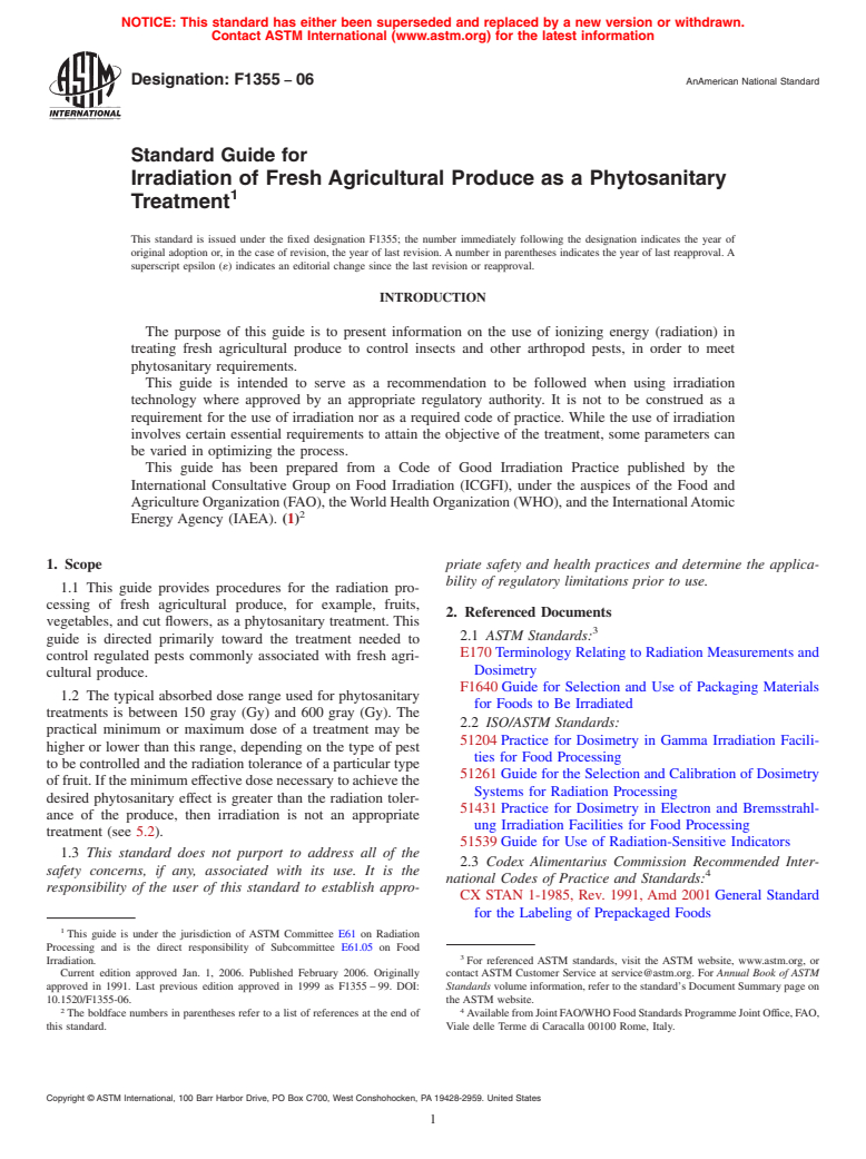 ASTM F1355-06 - Standard Guide for Irradiation of Fresh Agricultural Produce as a Phytosanitary Treatment