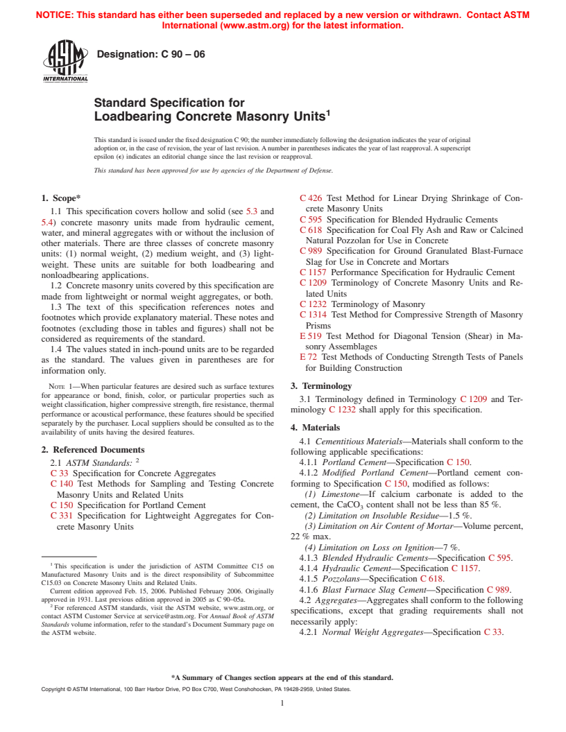 ASTM C90-06 - Standard Specification for Loadbearing Concrete Masonry Units