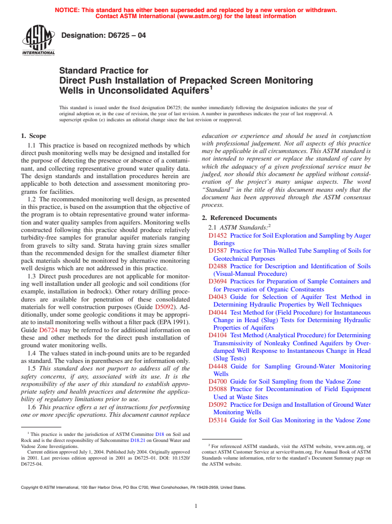 ASTM D6725-04 - Standard Practice for Direct Push Installation of Prepacked Screen Monitoring Wells in Unconsolidated Aquifers