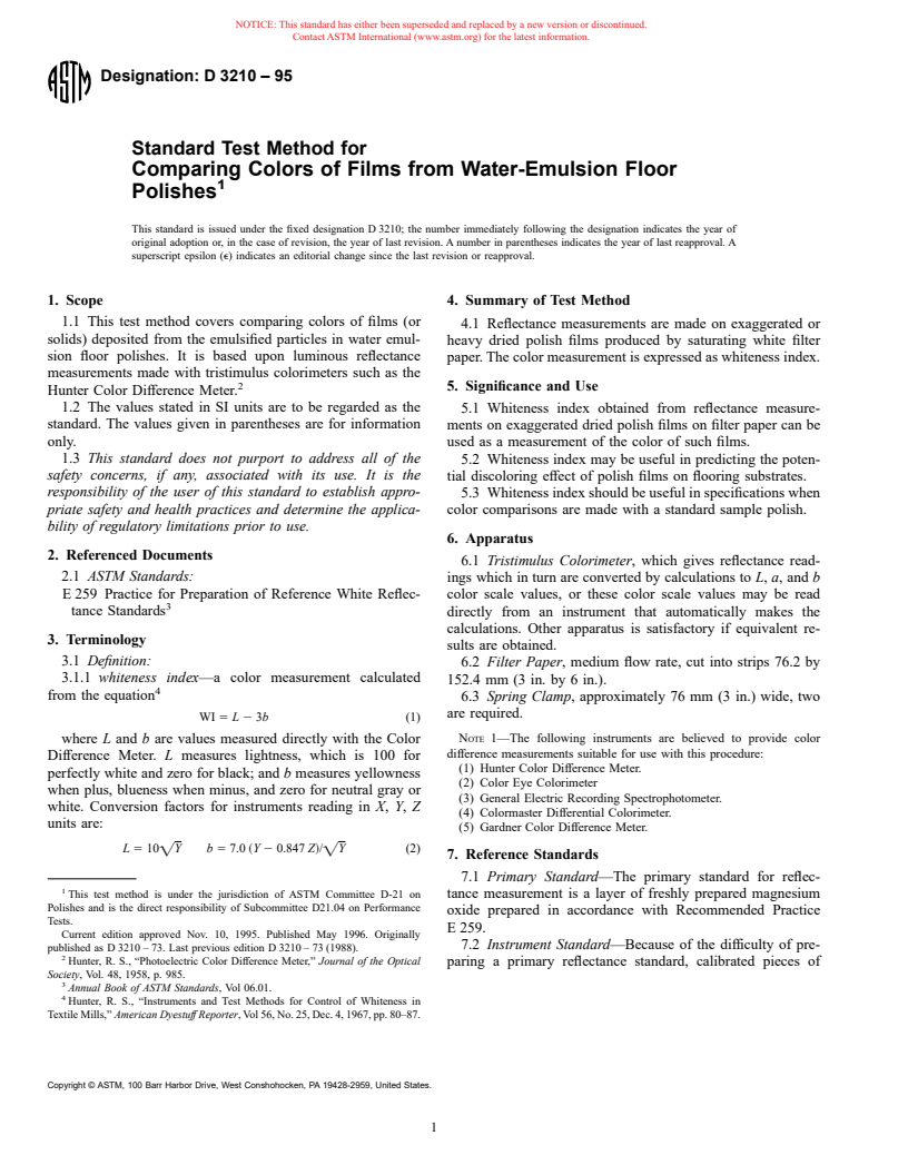 ASTM D3210-95 - Standard Test Method for Comparing Colors of Films from Water-Emulsion Floor Polishes