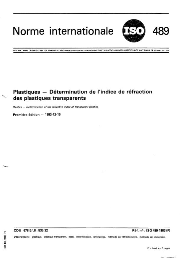 ISO 489:1983 - Plastiques -- Détermination de l'indice de réfraction des plastiques transparents