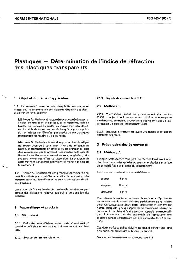 ISO 489:1983 - Plastiques -- Détermination de l'indice de réfraction des plastiques transparents