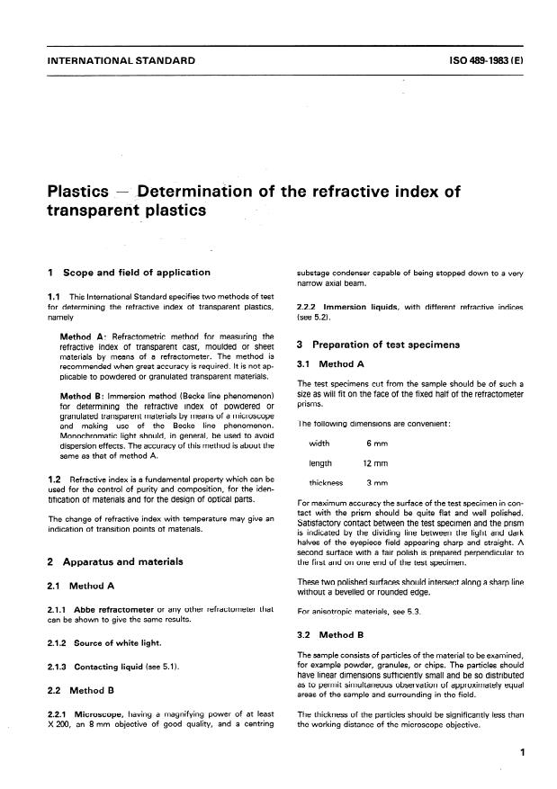 ISO 489:1983 - Plastics -- Determination of the refractive index of transparent plastics