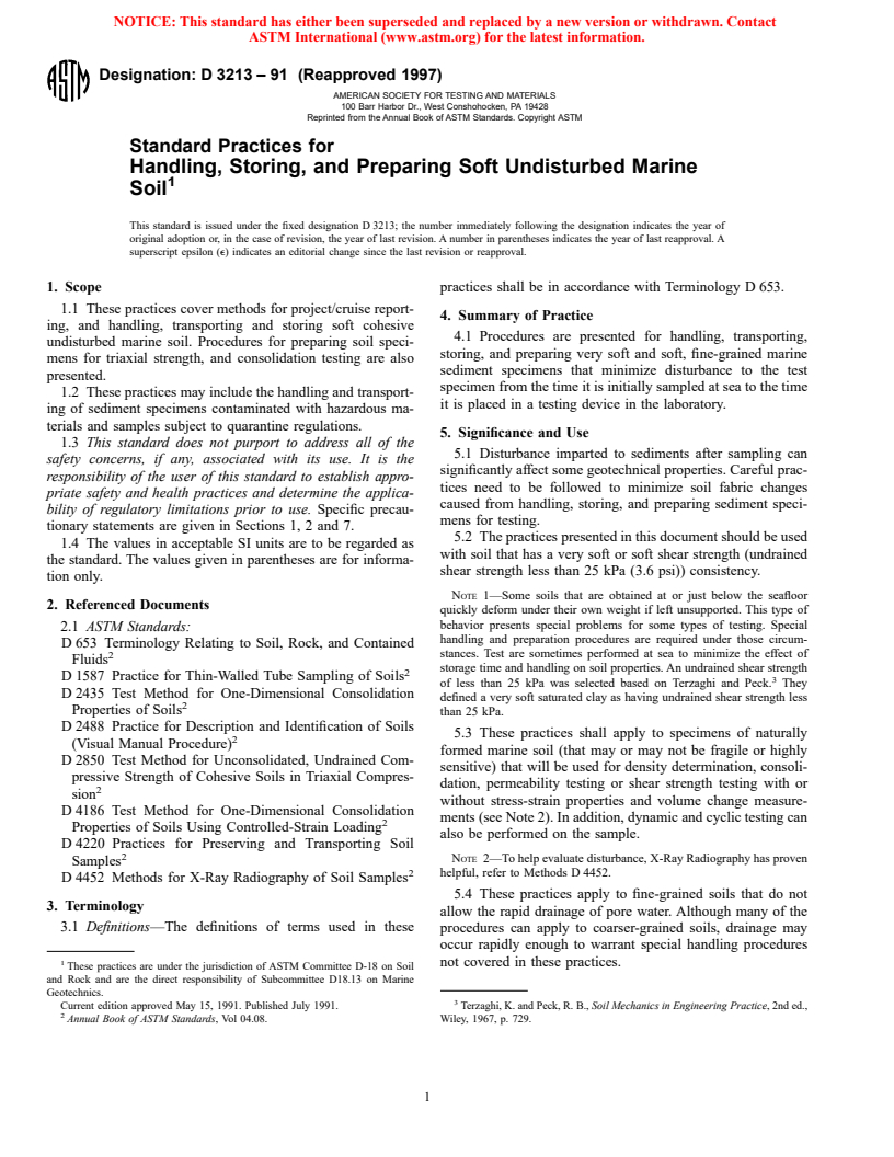 ASTM D3213-91(1997) - Standard Practices for Handling, Storing, and Preparing Soft Undisturbed Marine Soil