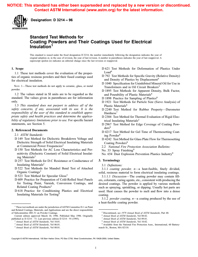 ASTM D3214-96 - Standard Test Methods for Coating Powders and Their Coatings Used for Electrical Insulation (Withdrawn 2002)