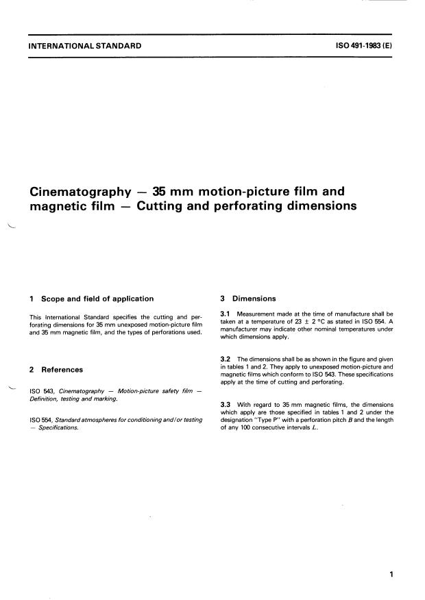ISO 491:1983 - Cinematography -- 35 mm motion-picture film and magnetic film -- Cutting and perforating dimensions