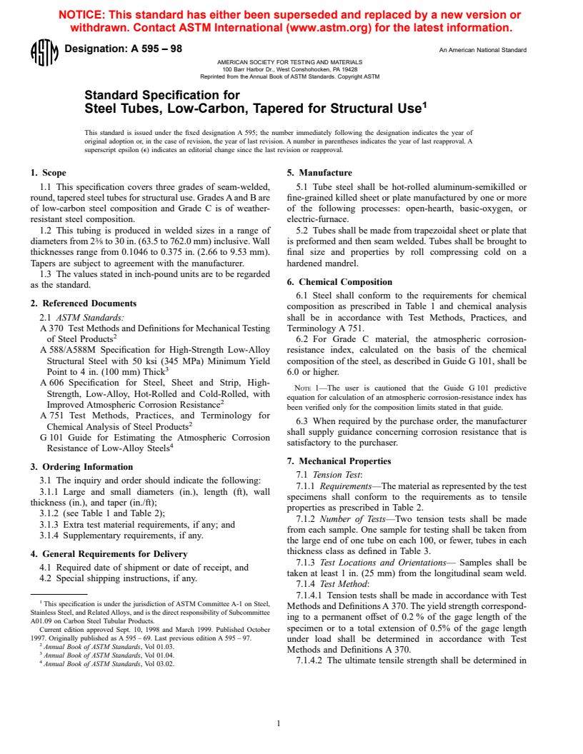 ASTM A595-98 - Standard Specification for Steel Tubes, Low-Carbon, Tapered for Structural Use
