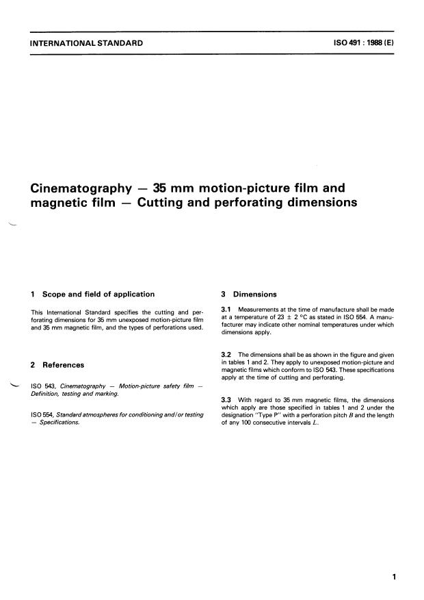ISO 491:1988 - Cinematography -- 35 mm motion-picture film and magnetic film -- Cutting and perforating dimensions