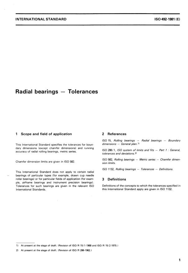 ISO 492:1981 - Radial bearings -- Tolerances