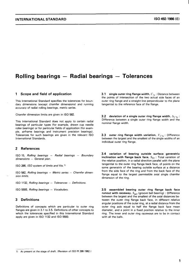 ISO 492:1986 - Rolling bearings -- Radial bearings -- Tolerances