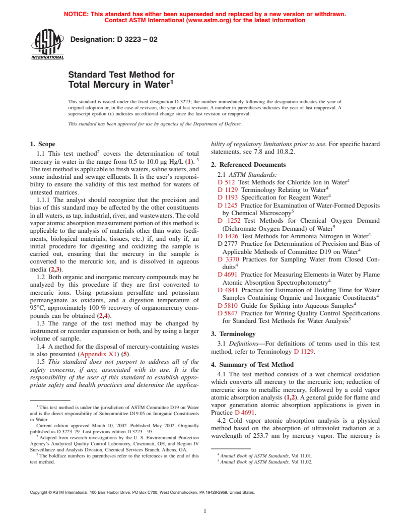 ASTM D3223-02 - Standard Test Method for Total Mercury in Water