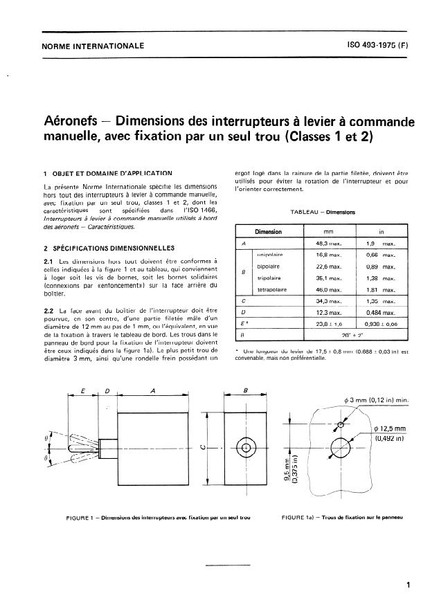 ISO 493:1975 - Aéronefs -- Dimensions des interrupteurs a levier a commande manuelle, avec fixation par un seul trou (Classes 1 et 2)