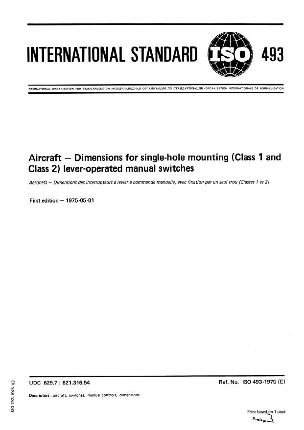 ISO 493:1975 - Aircraft -- Dimensions for single-hole mounting (Class 1 and Class 2) lever-operated manual switches