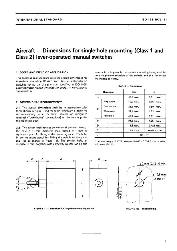 ISO 493:1975 - Aircraft -- Dimensions for single-hole mounting (Class 1 and Class 2) lever-operated manual switches