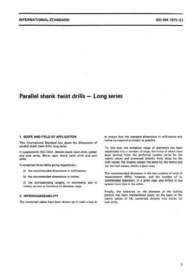 ISO 494:1975 - Parallel shank twist drills -- Long series